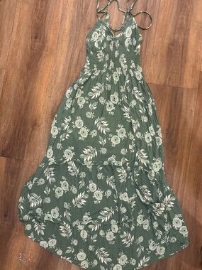 Green Floral Maxi Dress with White Print